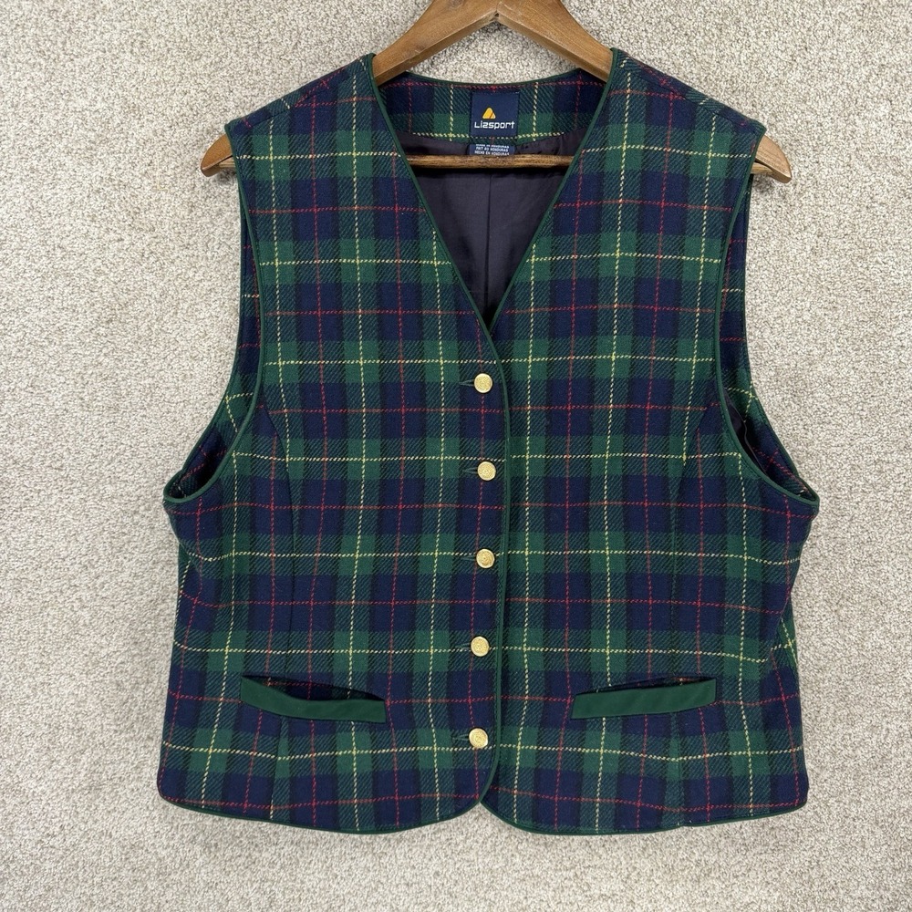 Liz Sport Vest Womens M/L? Green Plaid Tartan Wool Christmas Dark Academia Retro